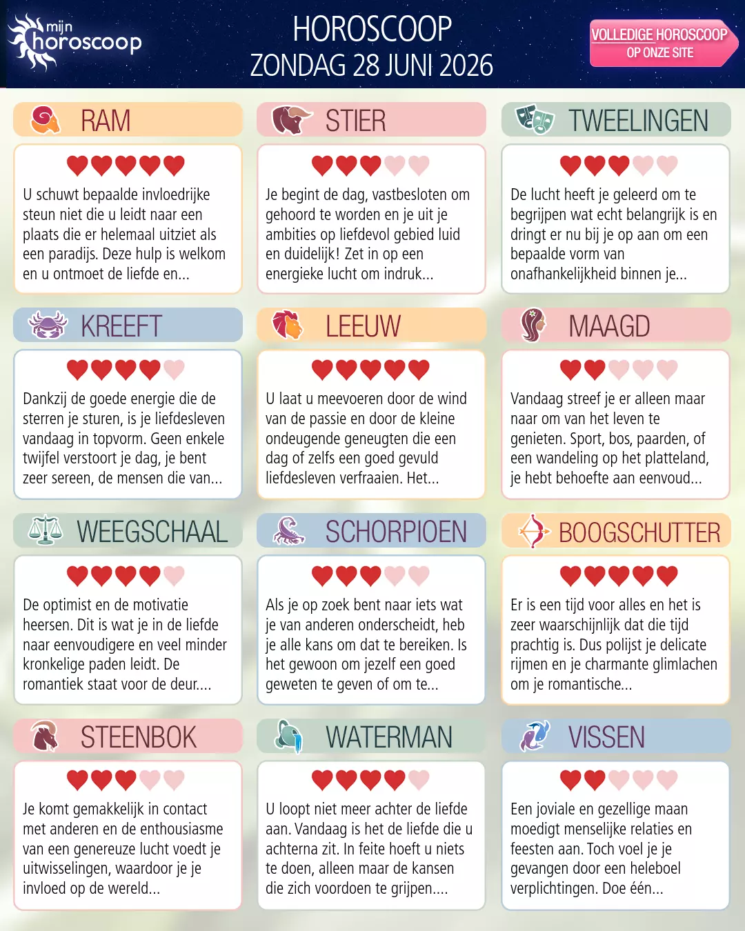 Horoscoop van zondag 28 juni 2026