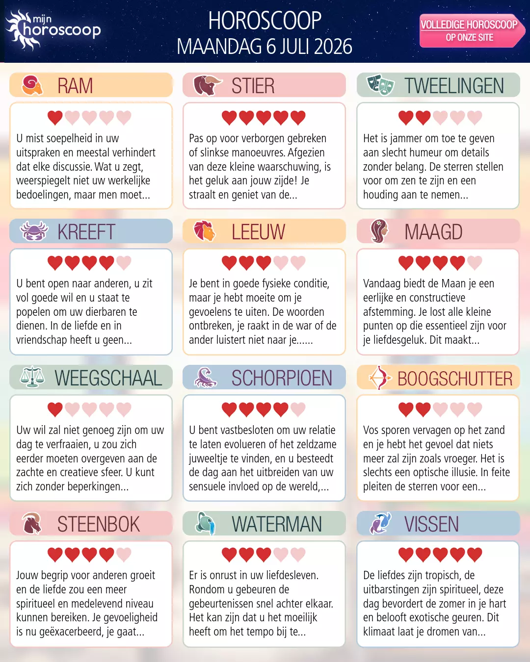 Horoscoop van maandag 6 juli 2026