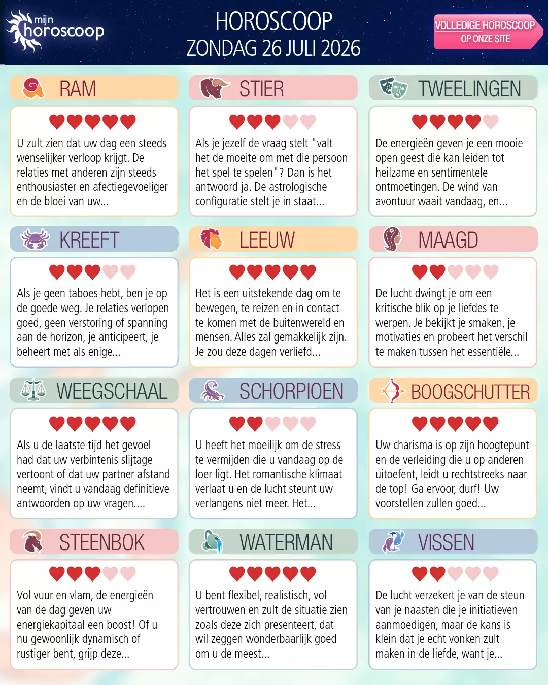 Horoscoop van zondag 26 juli 2026