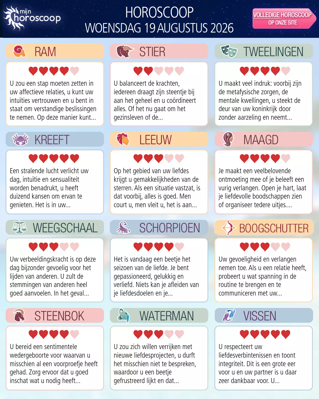 Horoscoop van woensdag 19 augustus 2026