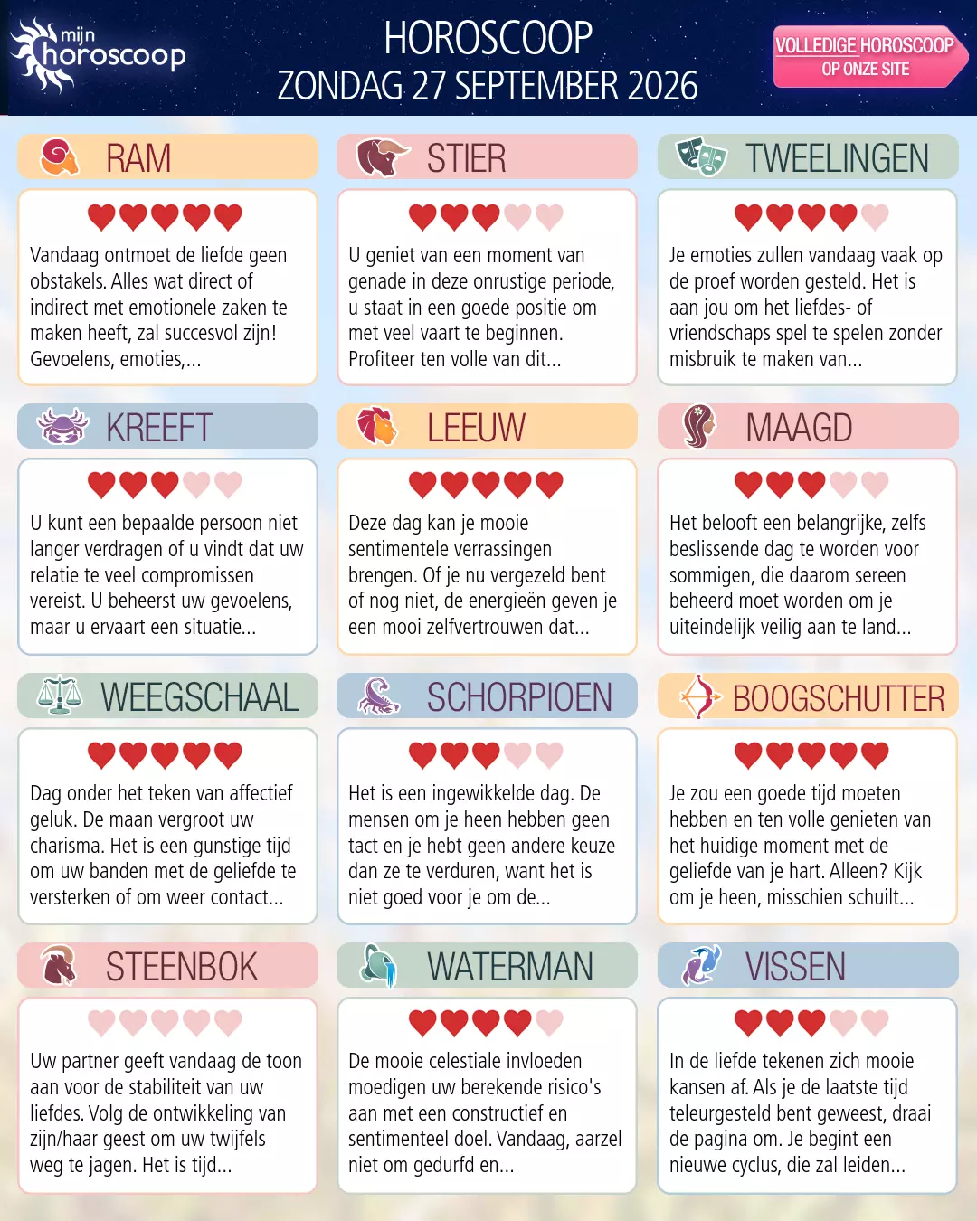 Horoscoop van zondag 27 september 2026